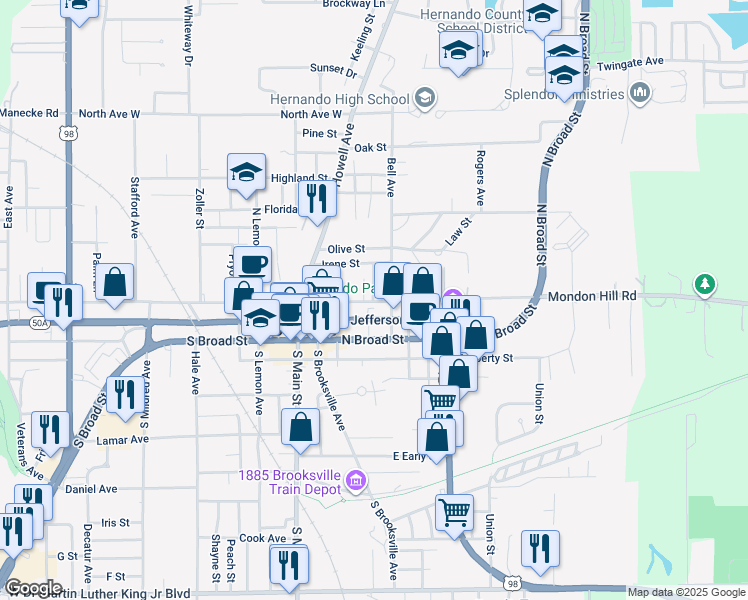 map of restaurants, bars, coffee shops, grocery stores, and more near 232 Oakland Avenue in Brooksville