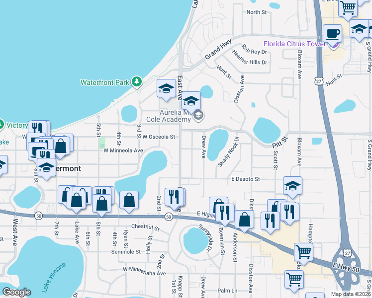 map of restaurants, bars, coffee shops, grocery stores, and more near 555 East Avenue in Clermont