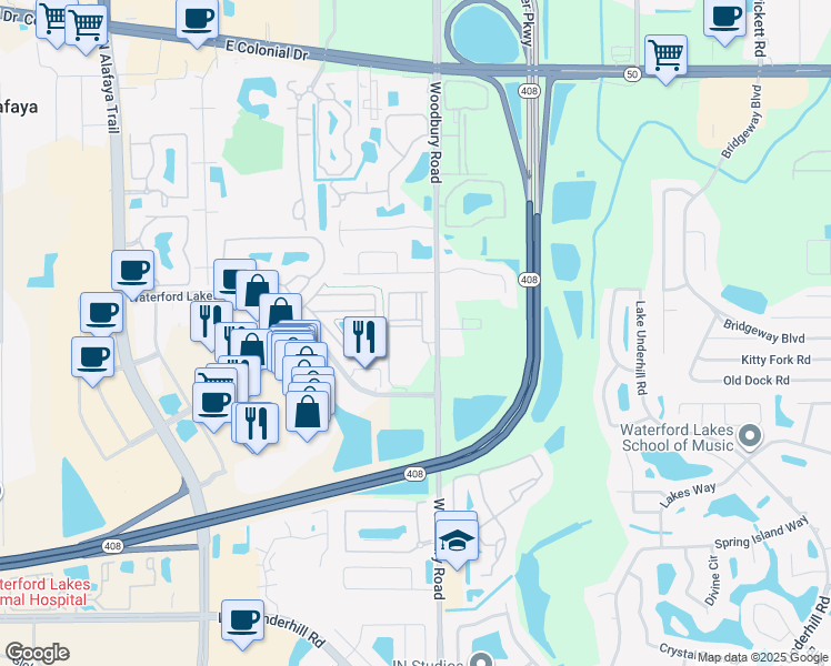 map of restaurants, bars, coffee shops, grocery stores, and more near 1400 Woodbury Road in Orlando