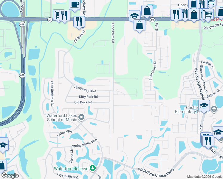 map of restaurants, bars, coffee shops, grocery stores, and more near 13708 Old Dock Road in Orlando