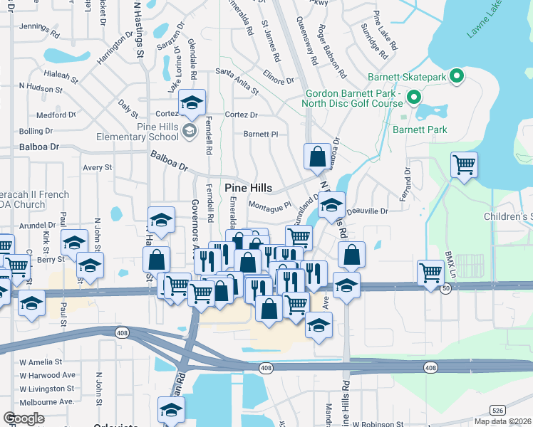 map of restaurants, bars, coffee shops, grocery stores, and more near 5221 Montague Place in Orlando