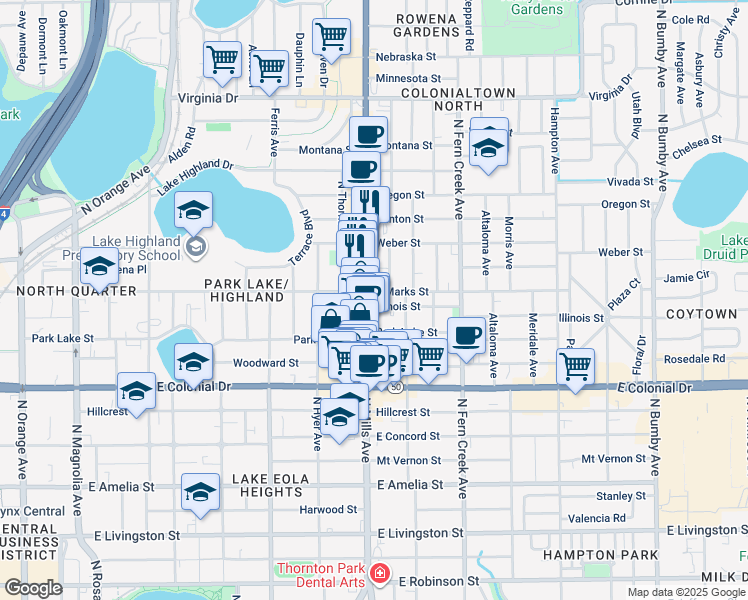 map of restaurants, bars, coffee shops, grocery stores, and more near 901 North Mills Avenue in Orlando
