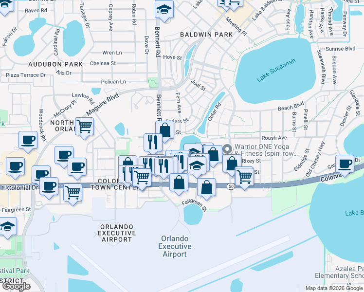 map of restaurants, bars, coffee shops, grocery stores, and more near 4250 Fox Street in Orlando