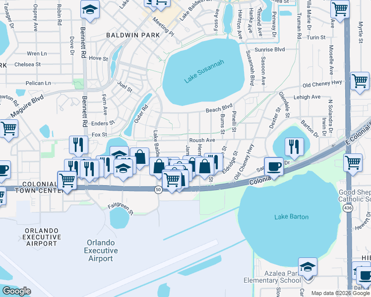 map of restaurants, bars, coffee shops, grocery stores, and more near 4340 Roush Avenue in Orlando