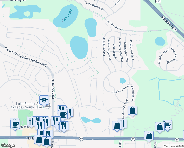 map of restaurants, bars, coffee shops, grocery stores, and more near 808 Hawks Bluff in Clermont