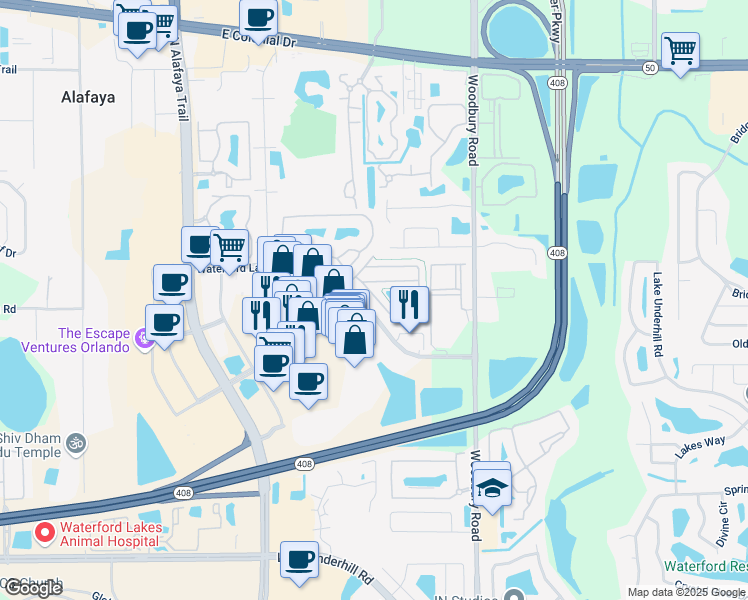 map of restaurants, bars, coffee shops, grocery stores, and more near 12717 Lexington Summit Street in Orlando