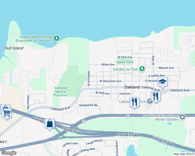 map of restaurants, bars, coffee shops, grocery stores, and more near 427 West Gulley Avenue in Oakland