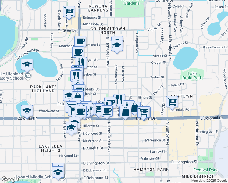 map of restaurants, bars, coffee shops, grocery stores, and more near 1603 East Marks Street in Orlando