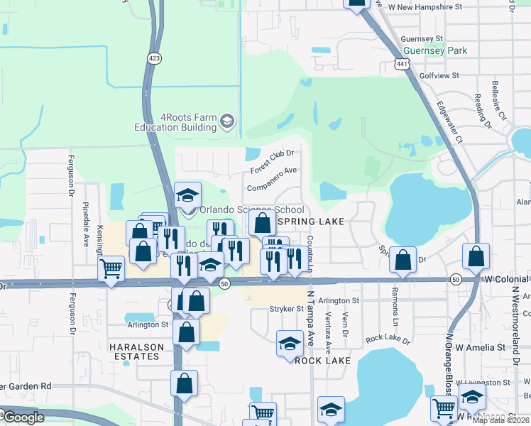 map of restaurants, bars, coffee shops, grocery stores, and more near 930 Ashington Place in Orlando