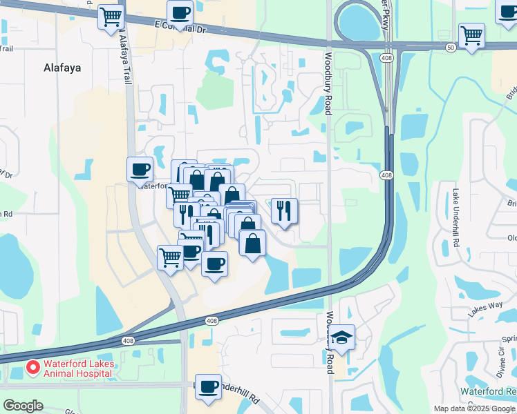 map of restaurants, bars, coffee shops, grocery stores, and more near 12713 Lexington Summit Street in Orlando