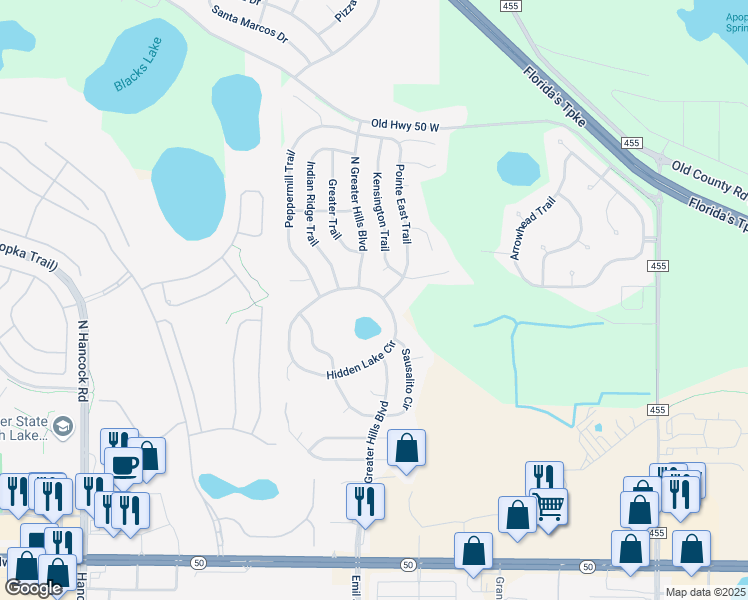 map of restaurants, bars, coffee shops, grocery stores, and more near 15905 Hidden Lake Circle in Clermont