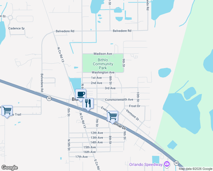 map of restaurants, bars, coffee shops, grocery stores, and more near 18599 2nd Avenue in Orlando