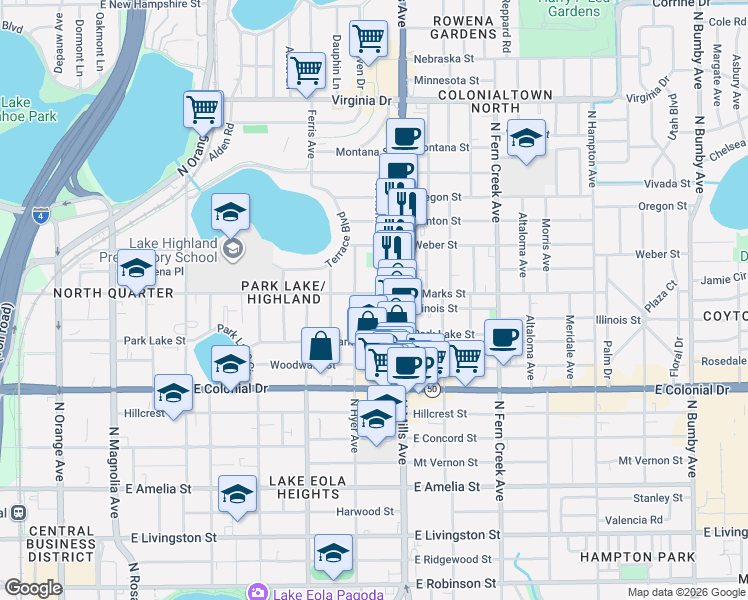 map of restaurants, bars, coffee shops, grocery stores, and more near 1009 East Marks Street in Orlando
