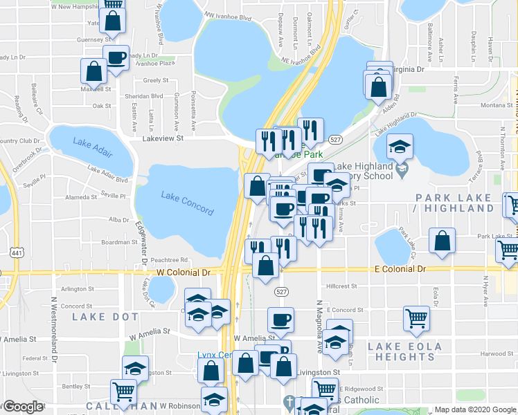 map of restaurants, bars, coffee shops, grocery stores, and more near 901-999 N Garland Ave in Orlando