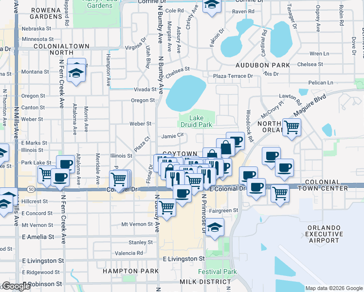 map of restaurants, bars, coffee shops, grocery stores, and more near 2602 East Marks Street in Orlando