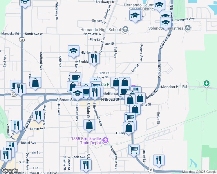 map of restaurants, bars, coffee shops, grocery stores, and more near 232 Oakland Avenue in Brooksville