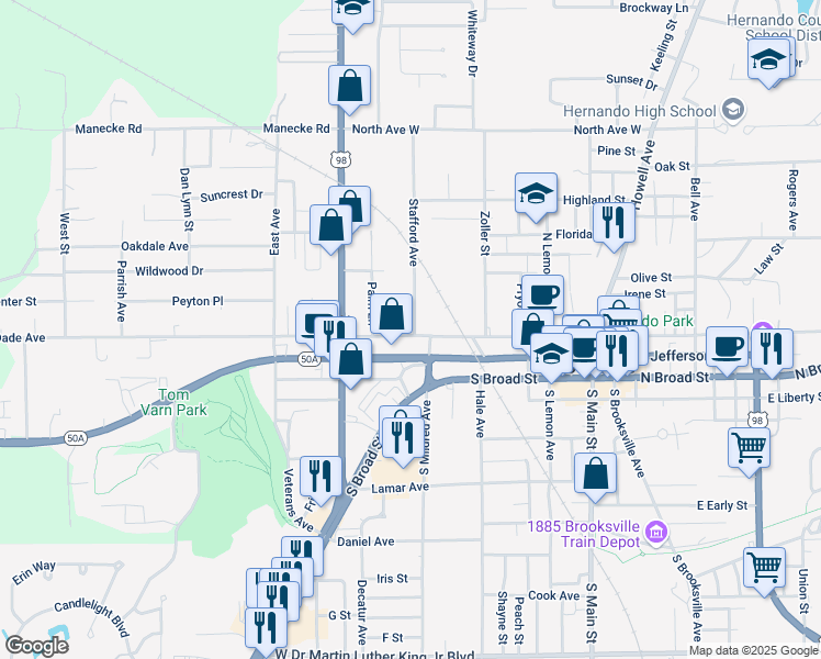 map of restaurants, bars, coffee shops, grocery stores, and more near 610 West Fort Dade Avenue in Brooksville