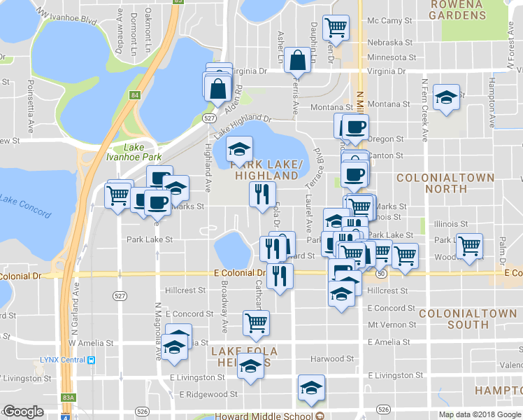 map of restaurants, bars, coffee shops, grocery stores, and more near 600 East Marks Street in Orlando