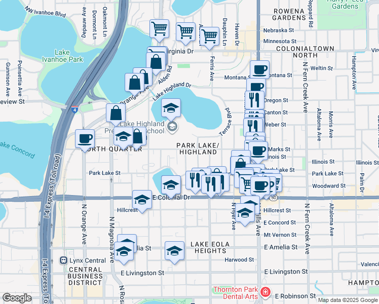 map of restaurants, bars, coffee shops, grocery stores, and more near 600 East Marks Street in Orlando