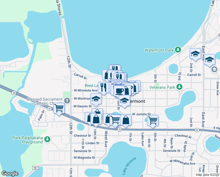 map of restaurants, bars, coffee shops, grocery stores, and more near 872 West Minneola Avenue in Clermont
