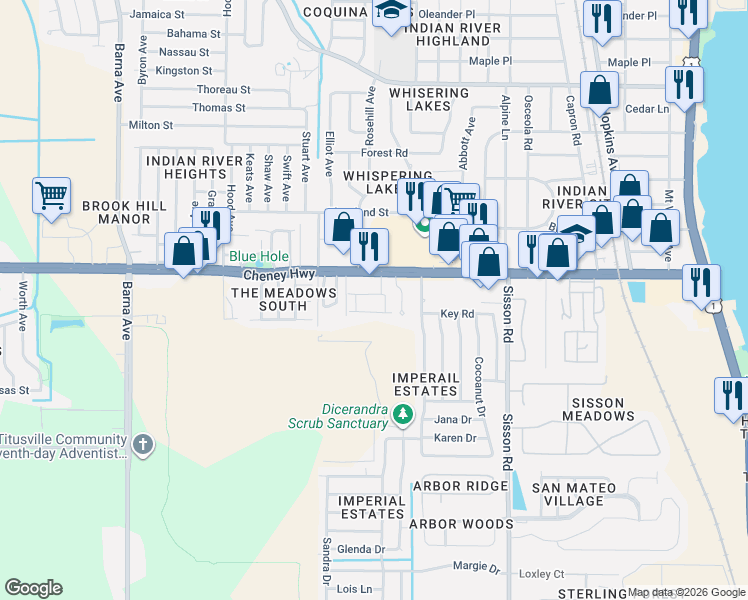 map of restaurants, bars, coffee shops, grocery stores, and more near 858 Dow Lane in Titusville