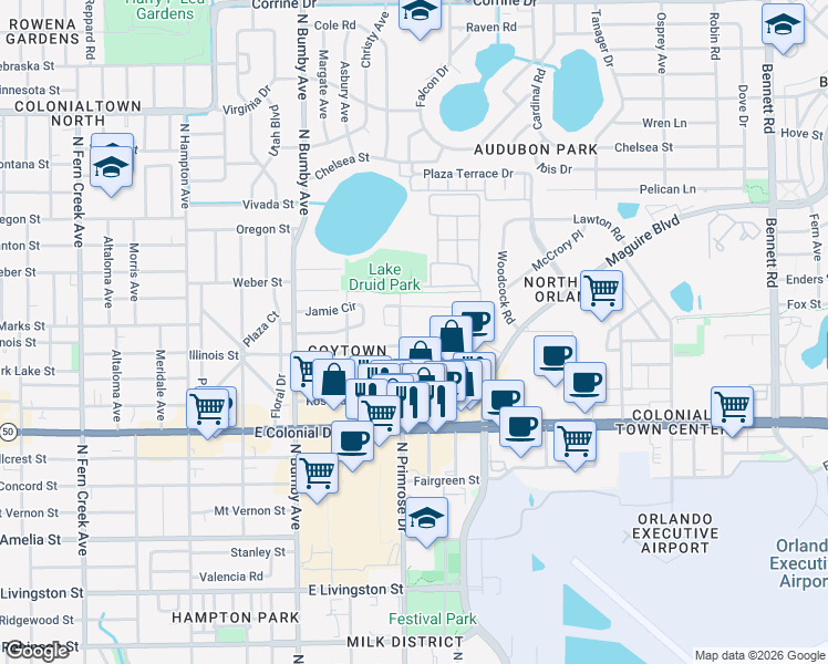 map of restaurants, bars, coffee shops, grocery stores, and more near 2723 Prim Drive in Orlando