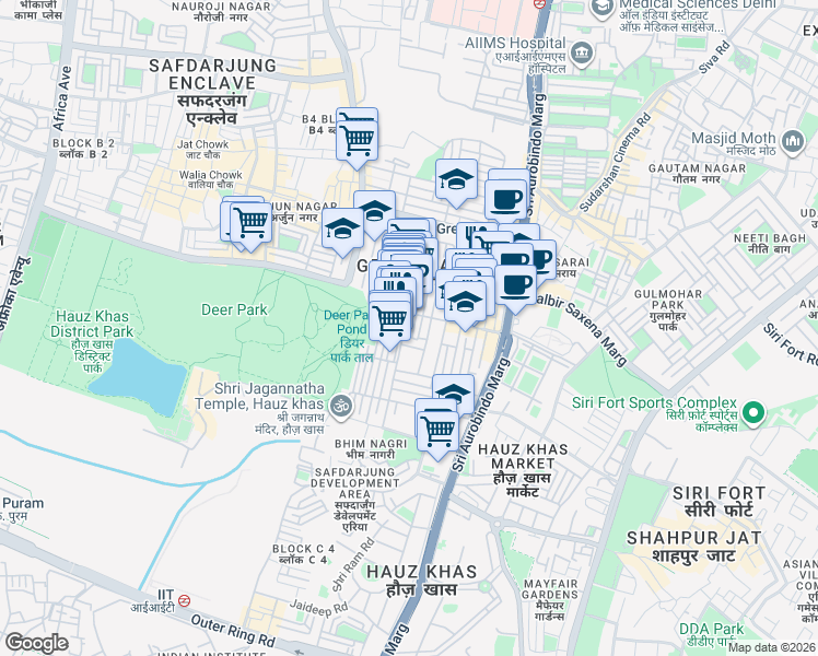 map of restaurants, bars, coffee shops, grocery stores, and more near in New Delhi