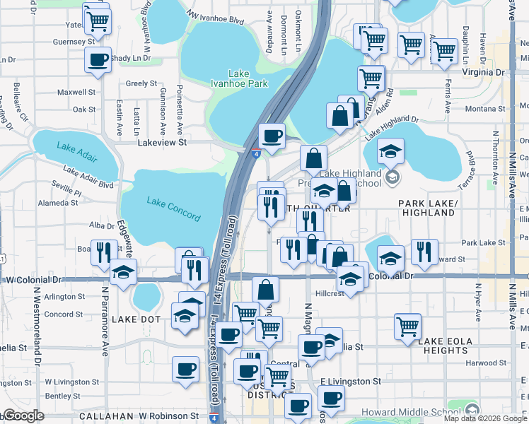 map of restaurants, bars, coffee shops, grocery stores, and more near 888 North Orange Avenue in Orlando