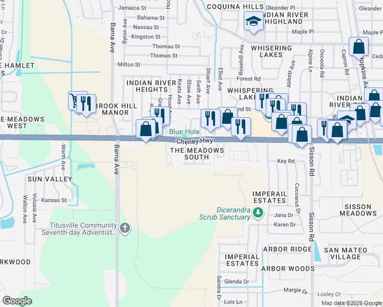 map of restaurants, bars, coffee shops, grocery stores, and more near 1337 Cheney Highway in Titusville