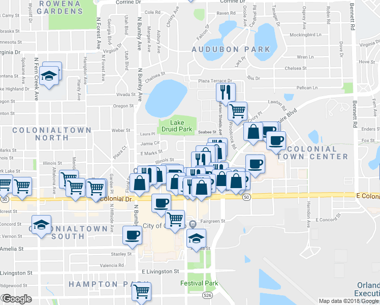 map of restaurants, bars, coffee shops, grocery stores, and more near 2723 Prim Drive in Orlando