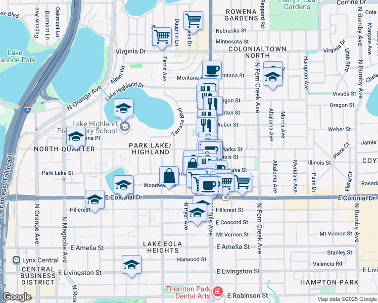 map of restaurants, bars, coffee shops, grocery stores, and more near 1009 East Marks Street in Orlando