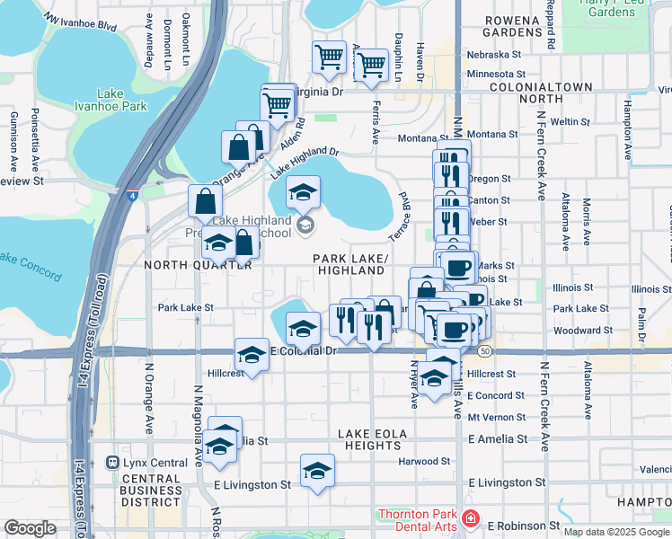 map of restaurants, bars, coffee shops, grocery stores, and more near 600 East Marks Street in Orlando