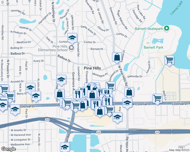 map of restaurants, bars, coffee shops, grocery stores, and more near 5221 Montague Place in Orlando