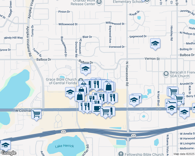 map of restaurants, bars, coffee shops, grocery stores, and more near 7407-7443 Beacon Hill Loop in Orlando