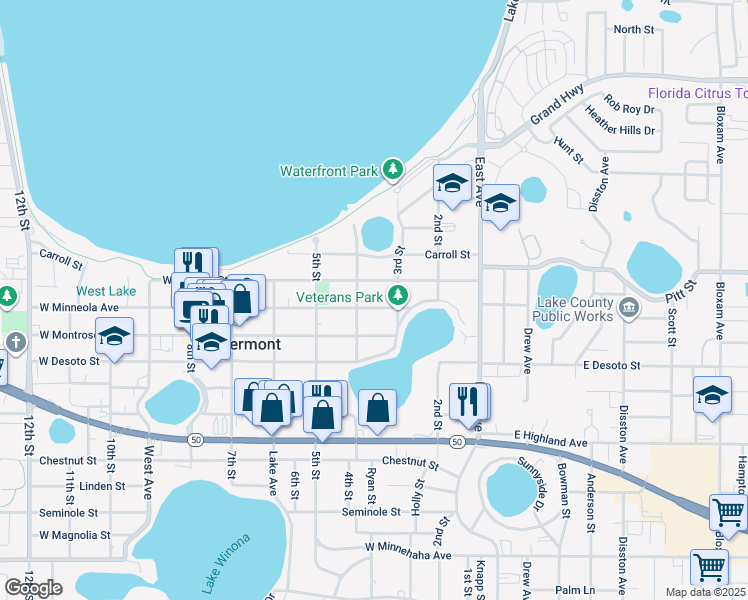 map of restaurants, bars, coffee shops, grocery stores, and more near 347 West Osceola Street in Clermont