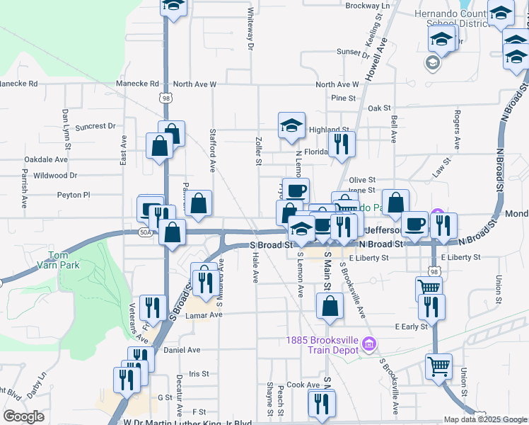 map of restaurants, bars, coffee shops, grocery stores, and more near 202 Zoller Street in Brooksville