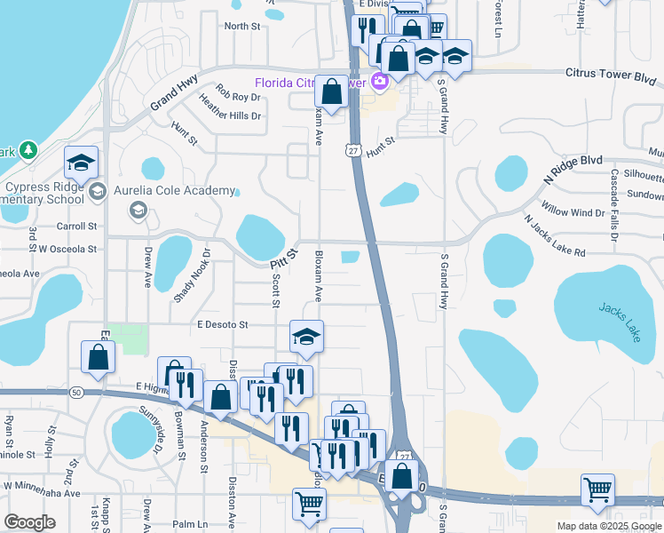 map of restaurants, bars, coffee shops, grocery stores, and more near 730 East Minneola Avenue in Clermont