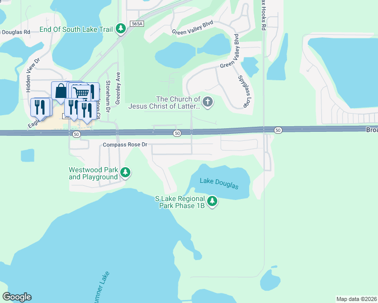 map of restaurants, bars, coffee shops, grocery stores, and more near 204 Compass Rose Drive in Groveland