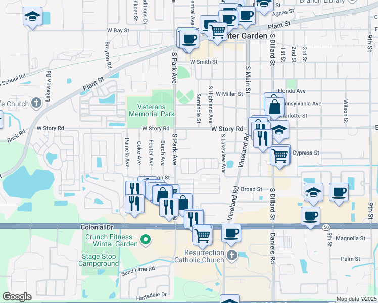 map of restaurants, bars, coffee shops, grocery stores, and more near 223 West Cypress Street in Winter Garden