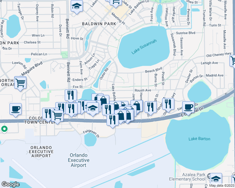 map of restaurants, bars, coffee shops, grocery stores, and more near 4305 Daubert Street in Orlando