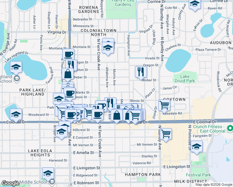 map of restaurants, bars, coffee shops, grocery stores, and more near 1712 Morris Avenue in Orlando