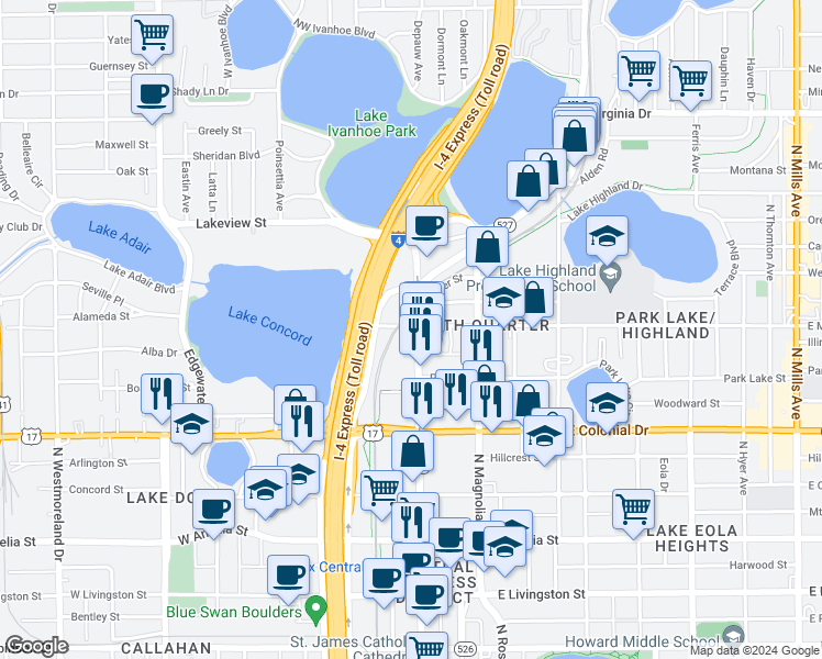 map of restaurants, bars, coffee shops, grocery stores, and more near 890 North Orange Avenue in Orlando