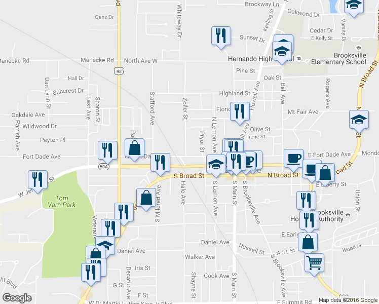 map of restaurants, bars, coffee shops, grocery stores, and more near 202 Zoller Street in Brooksville