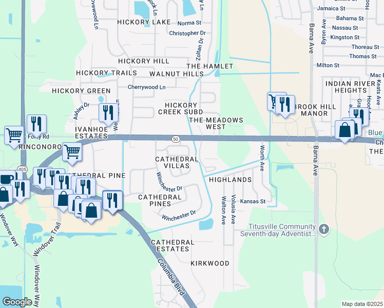 map of restaurants, bars, coffee shops, grocery stores, and more near 2500 Saint Paul Drive in Titusville