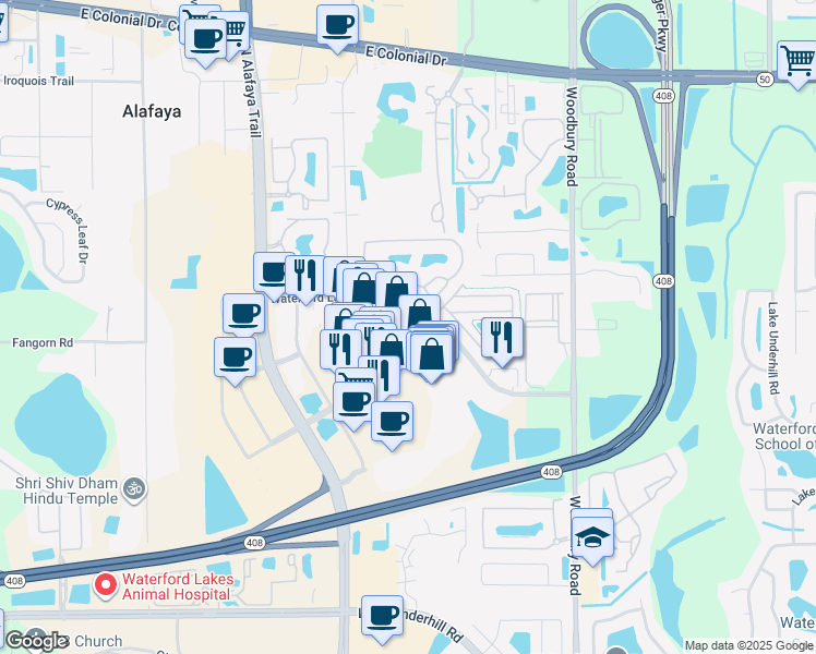 map of restaurants, bars, coffee shops, grocery stores, and more near 775 North Alafaya Trail in Orlando