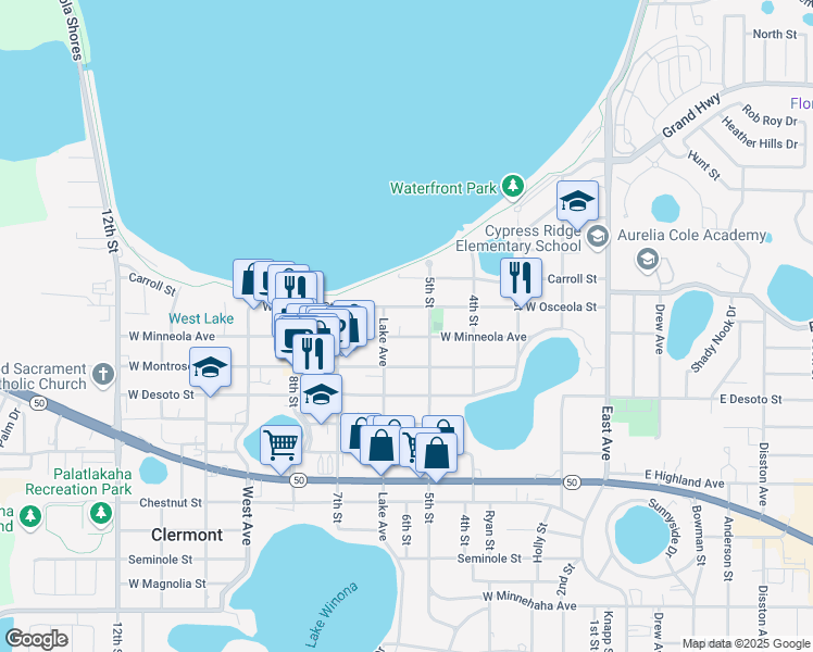 map of restaurants, bars, coffee shops, grocery stores, and more near 520 5th Street in Clermont