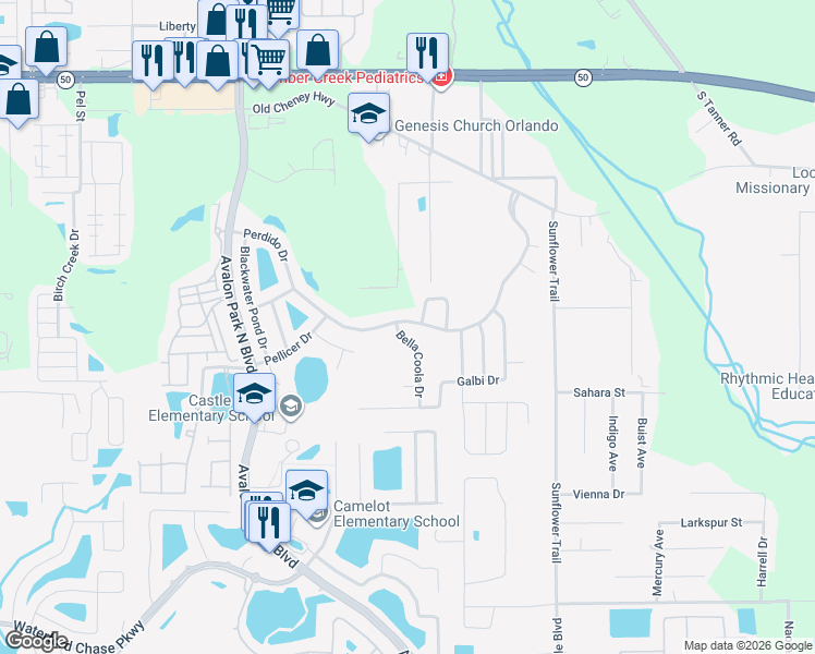 map of restaurants, bars, coffee shops, grocery stores, and more near 15248 Perdido Drive in Orlando