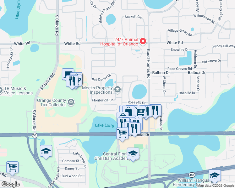map of restaurants, bars, coffee shops, grocery stores, and more near 965 Yellow Rose Drive in Orlando