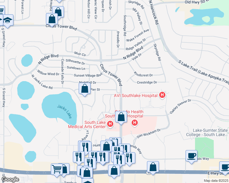 map of restaurants, bars, coffee shops, grocery stores, and more near 1587 Pier Street in Clermont