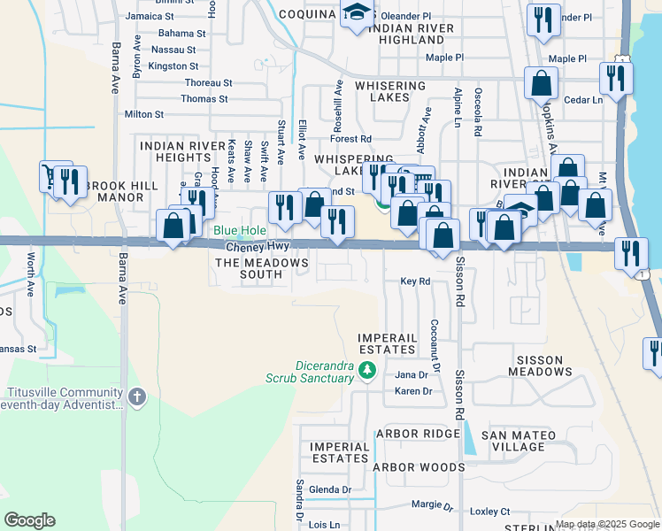 map of restaurants, bars, coffee shops, grocery stores, and more near 858 Dow Lane in Titusville